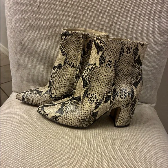 Sam Edelman Snake-Print Pointed Ankle Boots - Beige & Black - Picture 3 of 10